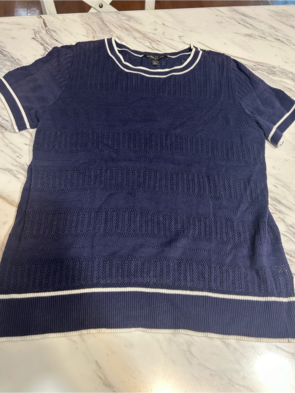 Banana Republic Navy Blue Short Sleeve Knit Top with White Trim